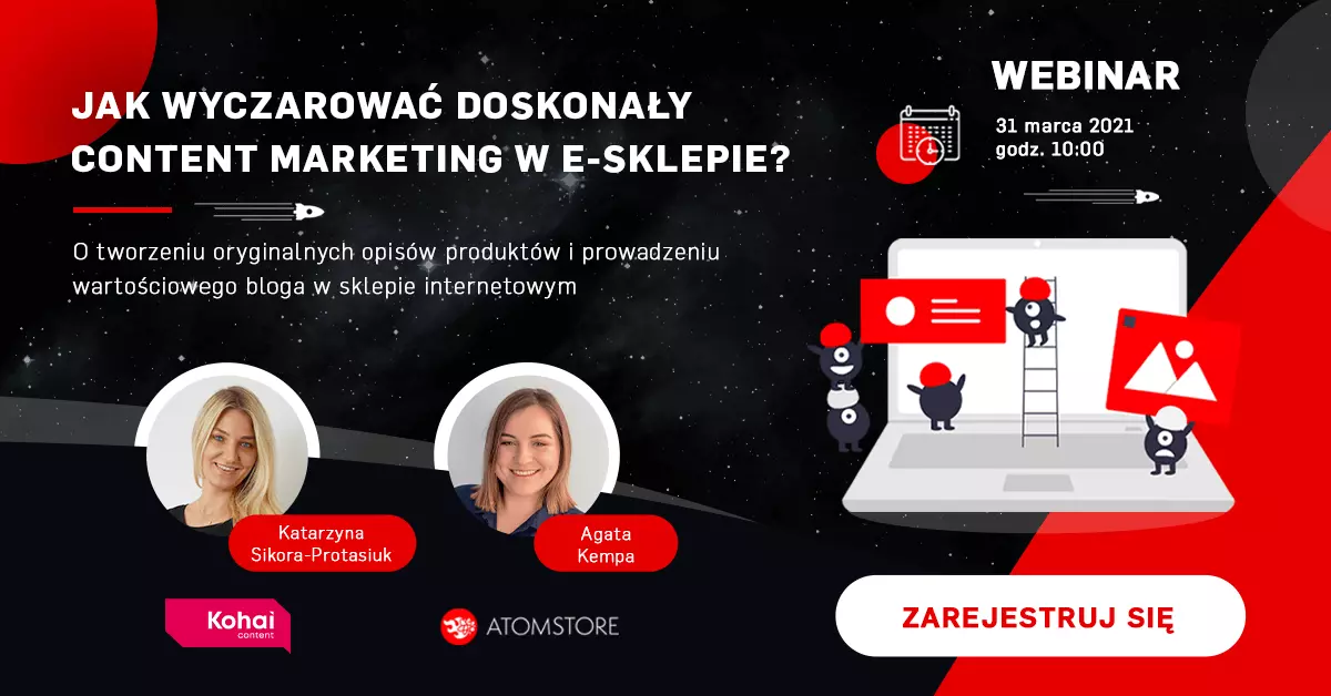 baner z zaproszeniem na webinar o content marketingu w ecommerce z AtomStore i Kohai